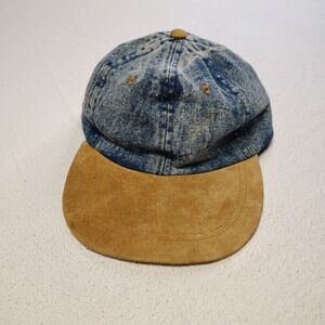 VINTAGE Nissin Hat Cap Mens Strap Back One Size Acid Wash Denim Suede Brim